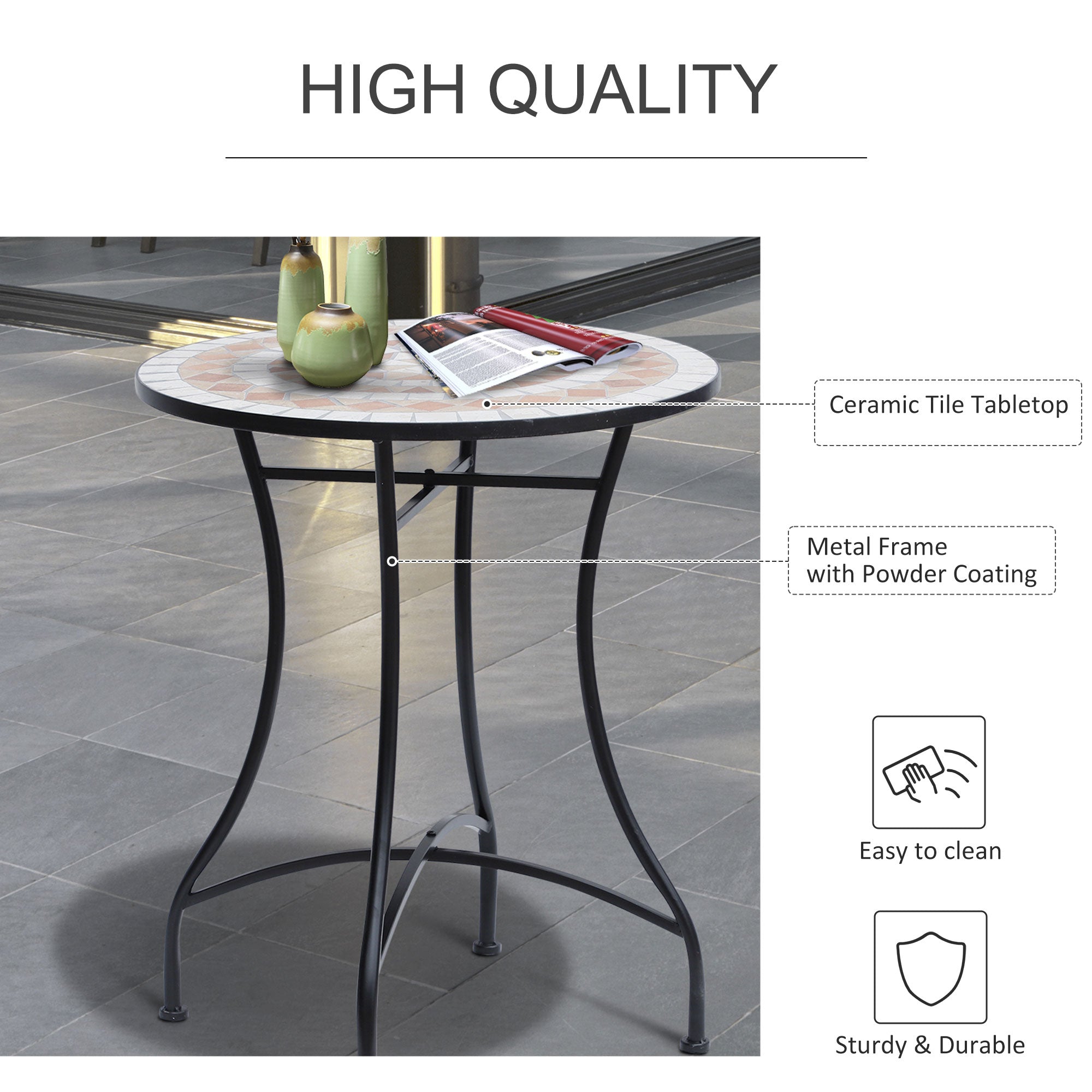 Outsunny 23.5" Mosaic Round Patio Table Metal Bistro Coffee Outdoor Furniture Ceramic Top Garden Lawn
