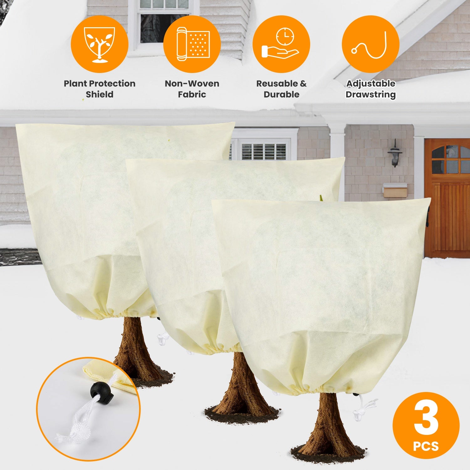 3Pcs Winter Plant Cover Bags with Drawstring 32.67x43.3in Plant Freeze Protector Reusable Non-Woven Plant Frost Blanket for Outdoor Garden Plants