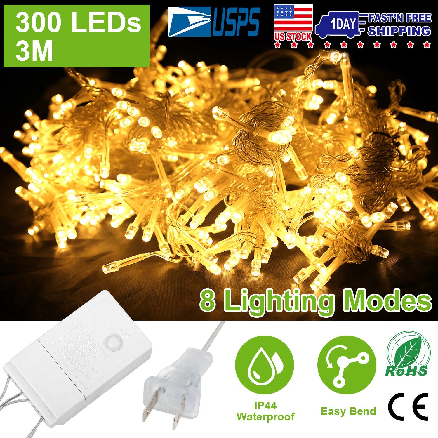 3M 300 LEDs String Curtain Light IP44 String Fairy Lights Party Xmas Decor Lamps W/ Remote