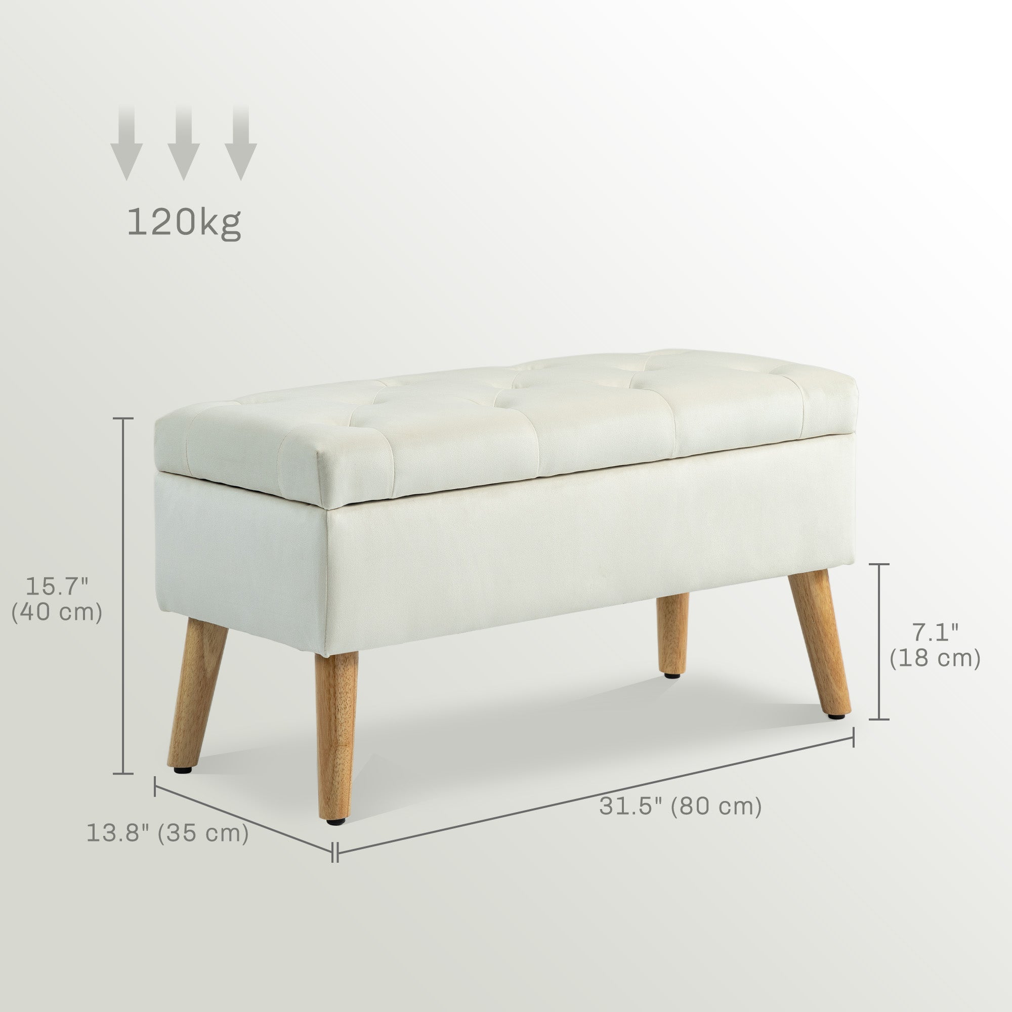 HOMCOM Storage Ottoman with Lid, Velvet Upholstered Storage Bench with Wood Legs for Living Room, Cream White