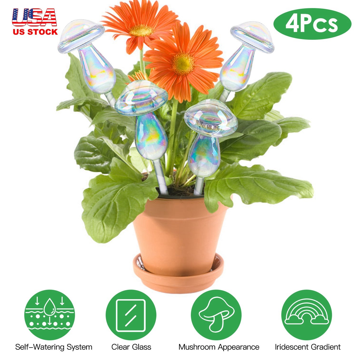 4Pcs Clear Glass Plant Watering Globes Iridescent Rainbow Gradient Mushroom Self-Watering Container Plant Self-Watering System Automatic Irrigation De