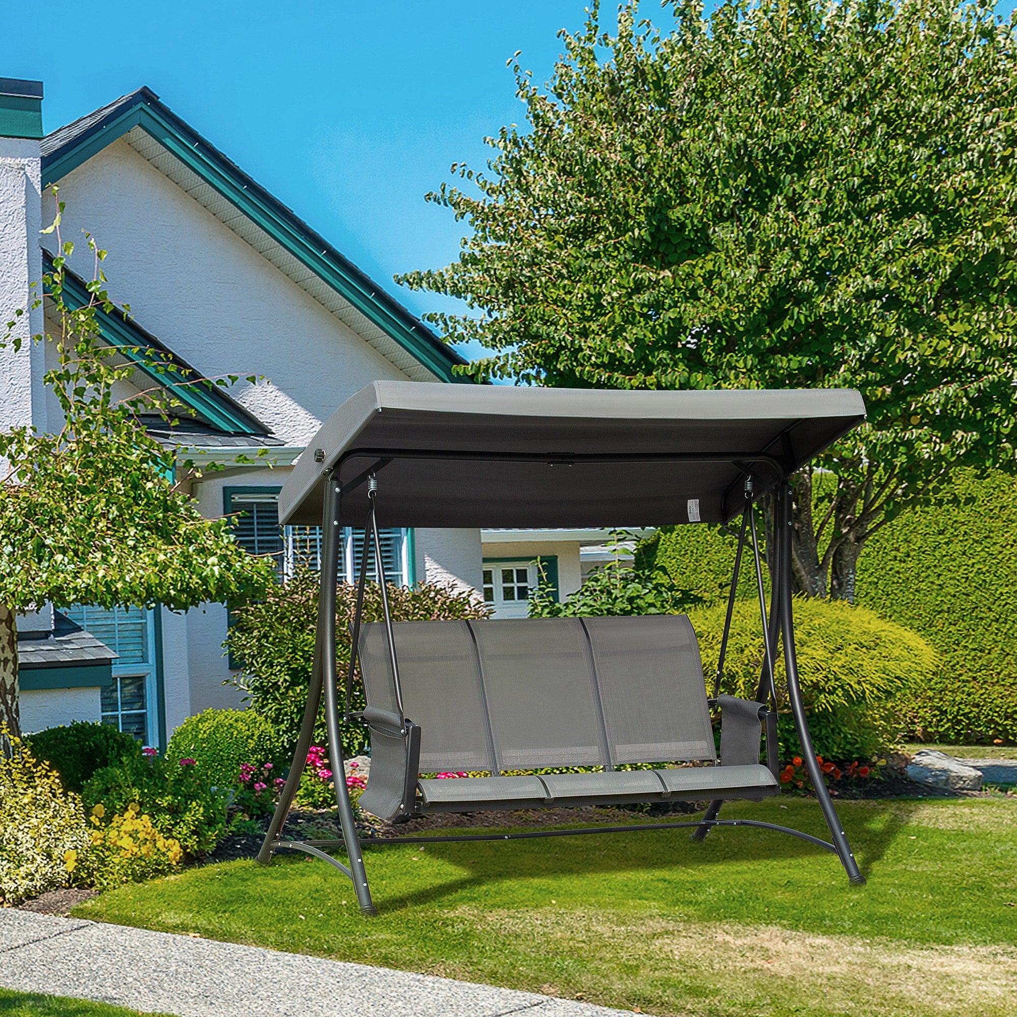 Outsunny 3 Person Porch Swing Chair - High Back Design, Side Pouches, Adjustable Canopy for Comfort, Dark Grey