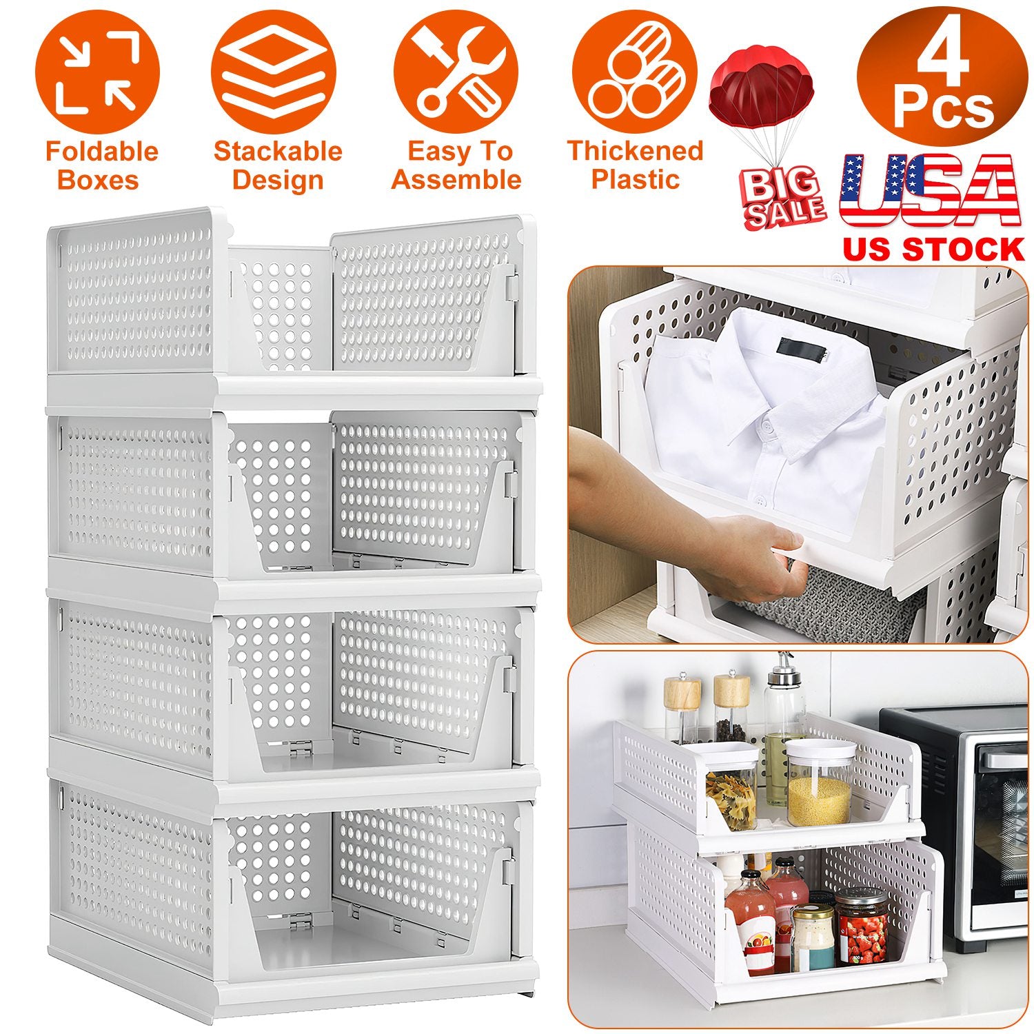 4 Packs Plastic Storage Box Closet Organizer Foldable Storage Bin Stackable Drawer with Slide Rail Push-Pull Storage Basket for Living Room Bedroom Wa