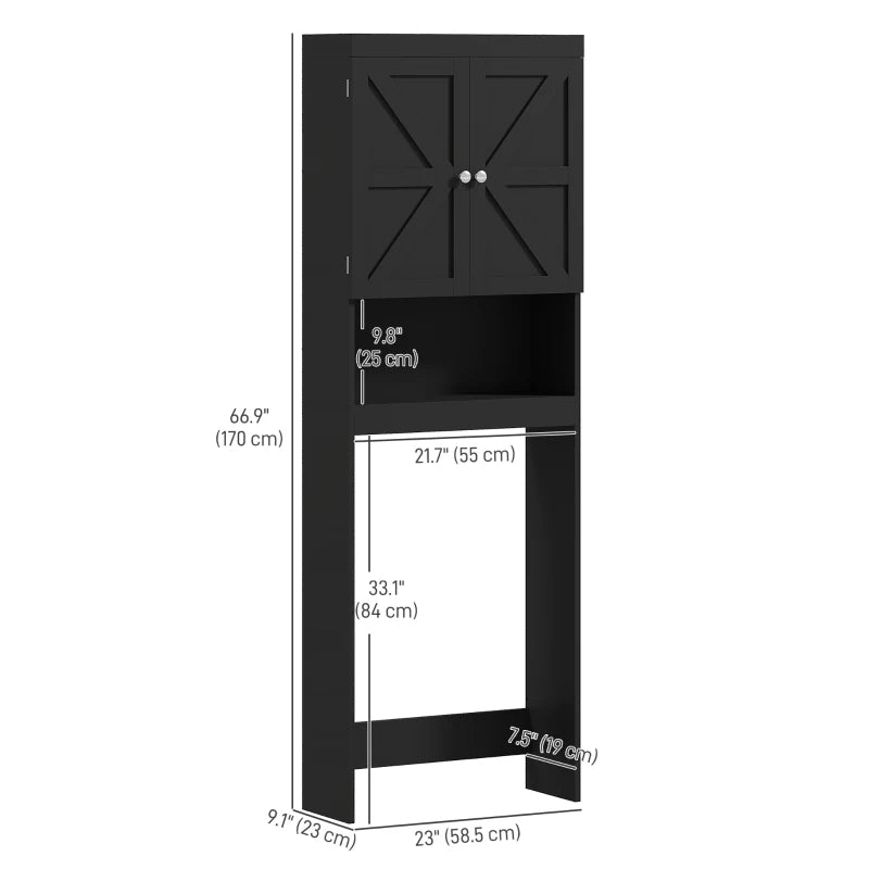 Over The Toilet Cabinet, Modern Bathroom Above Toilet Storage with Barn Doors and Open Shelf, Black