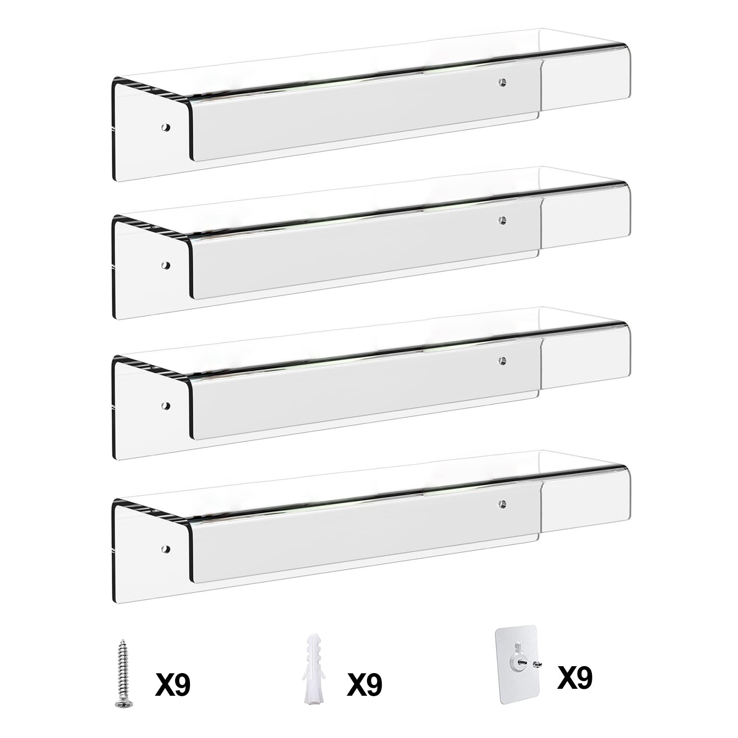 4 Pack 15In Clear Acrylic Floating Shelves Bookshelves with 2 Mounting Ways Wall Mounted Organizer for Kitchen Bathroom Study Living Room Bedroom Offi