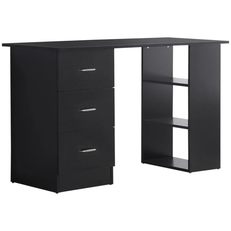 Computer Desk, 47" Writing Table with 3-Tier Shelves and 3 Reversible Drawers for Home Office, Bedroom, Black