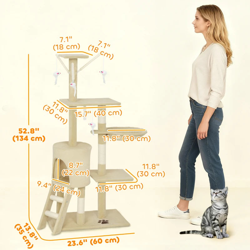 53" Cat Tree Tower, Kitten Activity Centre with Scratching Posts, Condo, Perches, Ladder, Hammock, Dangling Toys, Beige