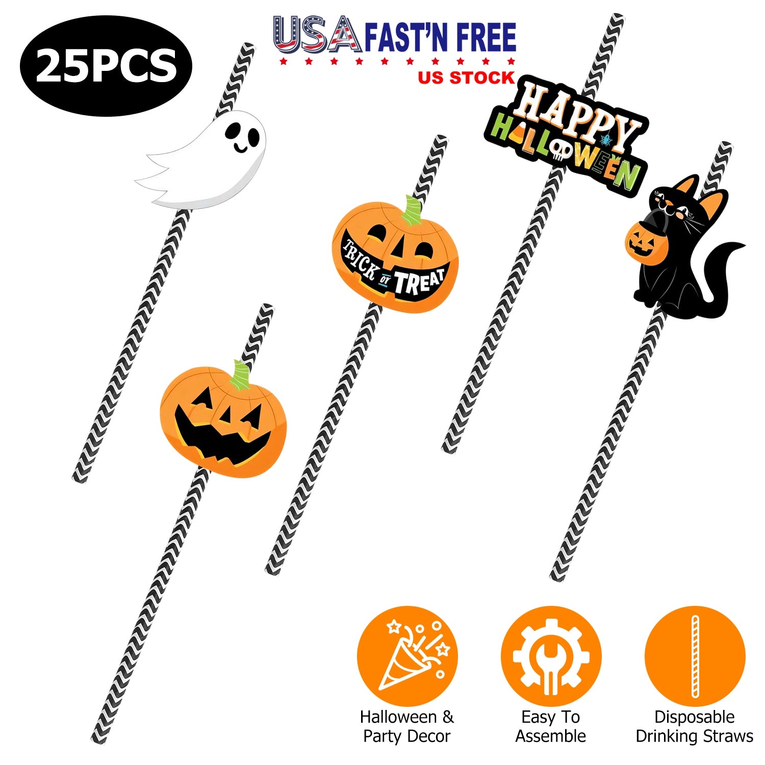 25Pcs Halloween Party Striped Decorative Straws Disposable Drinking Straws Paper Straw Decor Happy Halloween Ghost Lantern Black Cat Halloween Party S