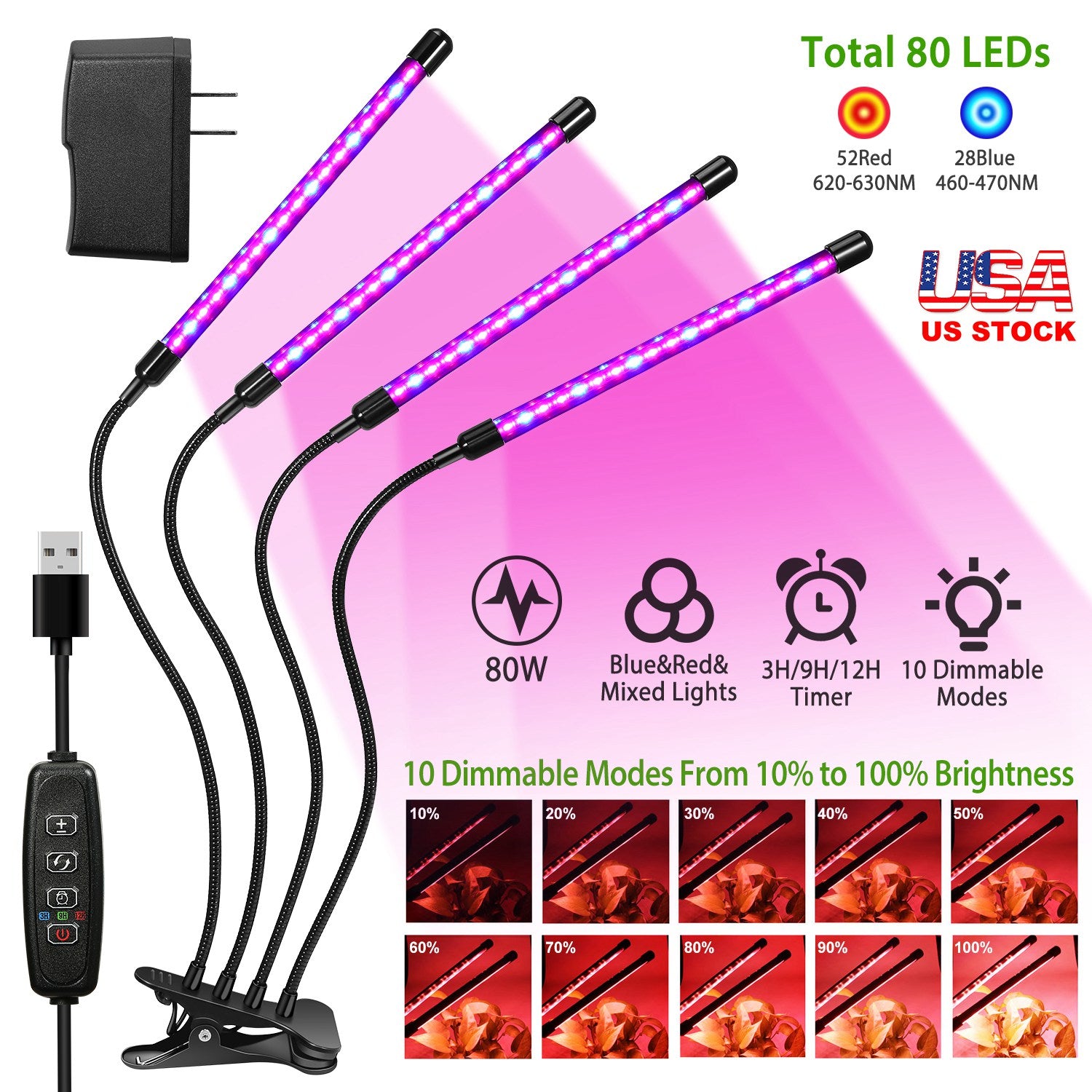 Grow Lights for Indoor Plants, iMounTEK 80W 80 LEDs Plant Lights with Red Blue Full Spectrum 10 Dimmable Level 360°Adjustable Gooseneck 3/6/12H Timer