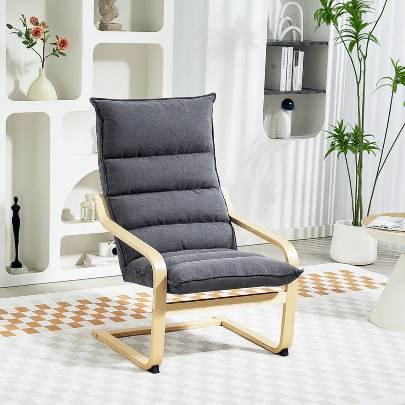 Birch Wood Fabric Modern Armchair, Accent Chair with Curved Leg and Arm for Living Room, Grey
