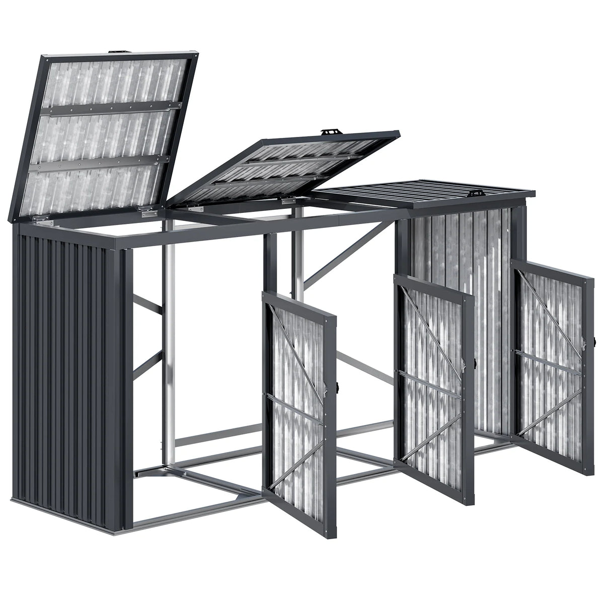 7.7 × 2.6 FT Outdoor Garbage Bin Storage Shed – Metal Enclosure for 3 Trash Cans with Lockable Doors & Lift-Up Lids