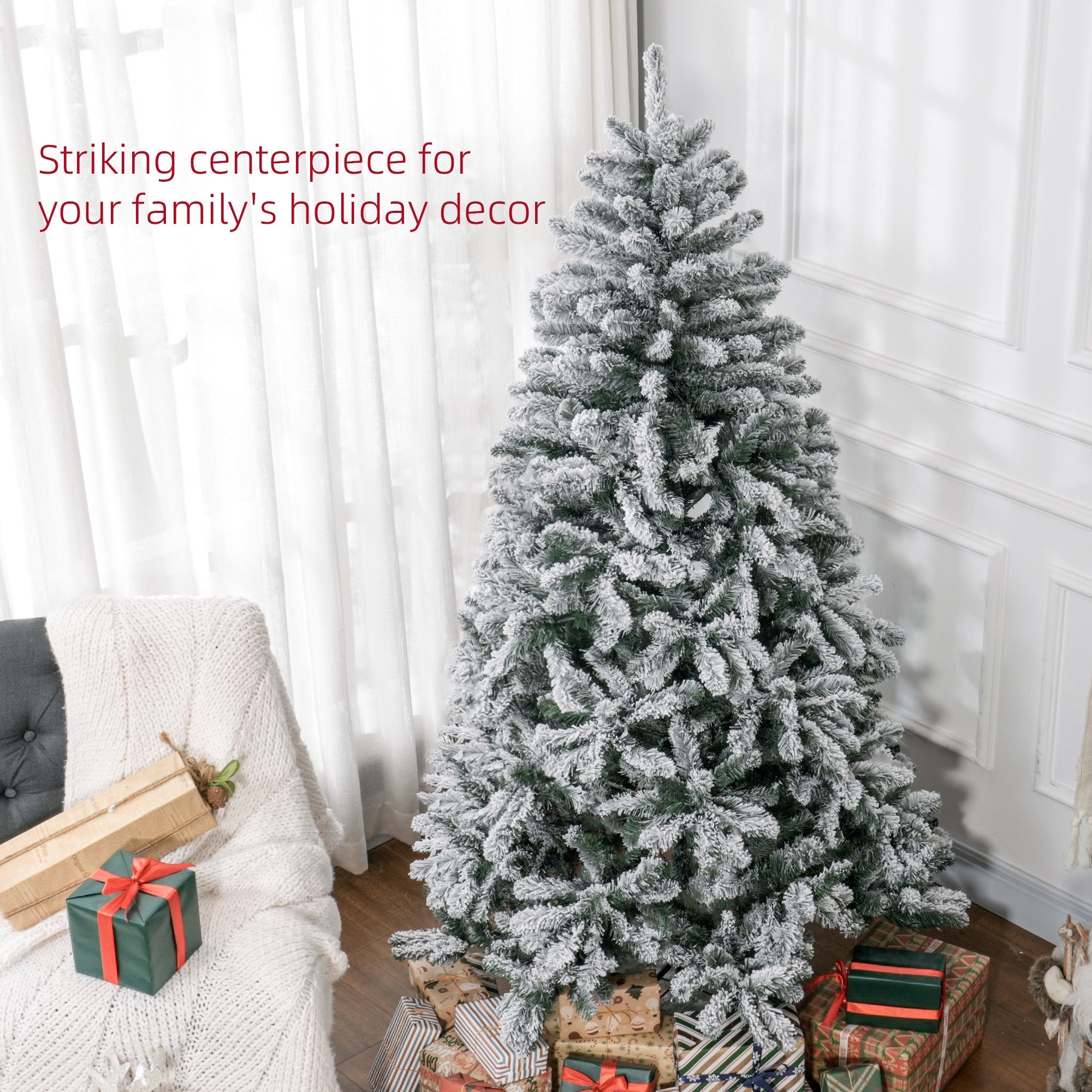 HOMCOM 6 Foot Artificial Flocked Christmas Tree with Snow, Metal Stand, Hinged Xmas Tree for Home Office Holiday