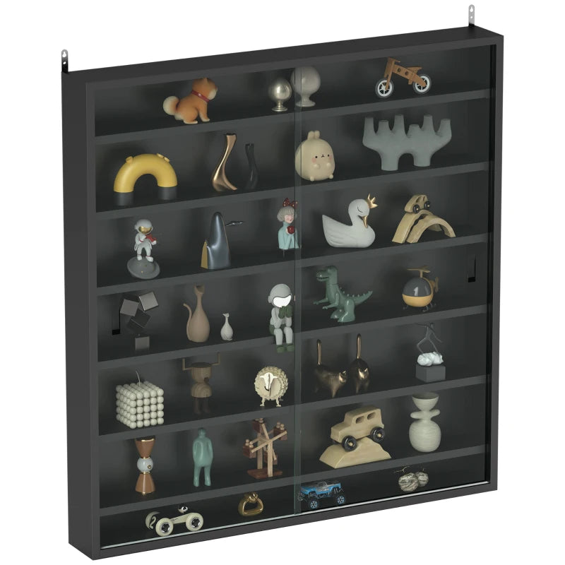 7-Tier Display Cabinet, Shot Glass Display Case, Glass Curio Cabinet with 2 Glass Doors and 6 Adjustable Shelves, Black