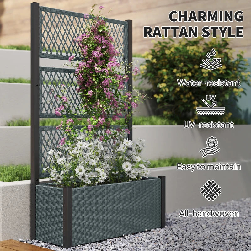Wicker Outdoor Planter with Trellis, 58" Standing Garden Bed with Liner, Drainage Holes for Climbing Plants, Dark Grey