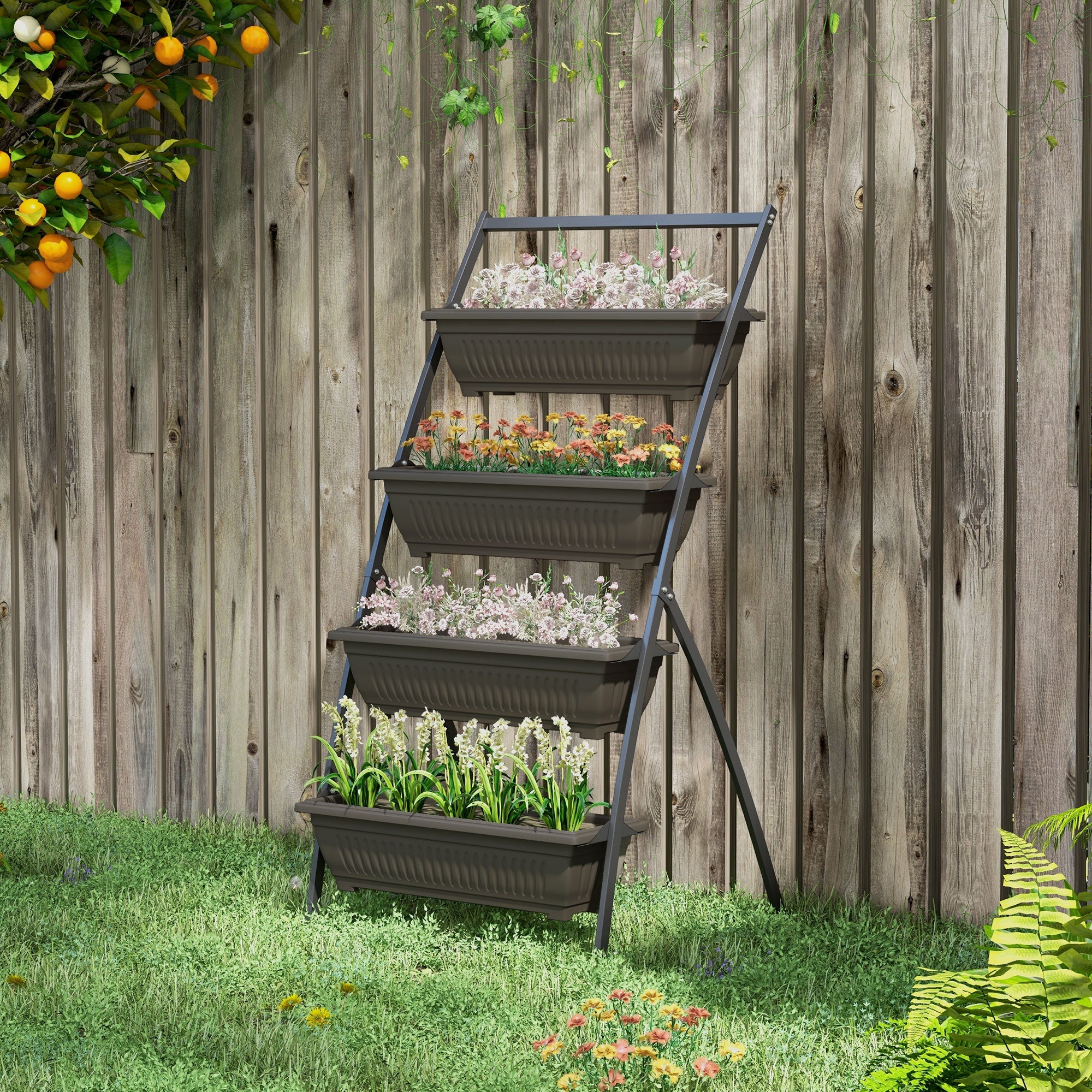 Outsunny 4-Tier Vertical Garden Planter 4 Planting Boxes Brown Outdoor Stand for Vegetables Flowers Grow Container