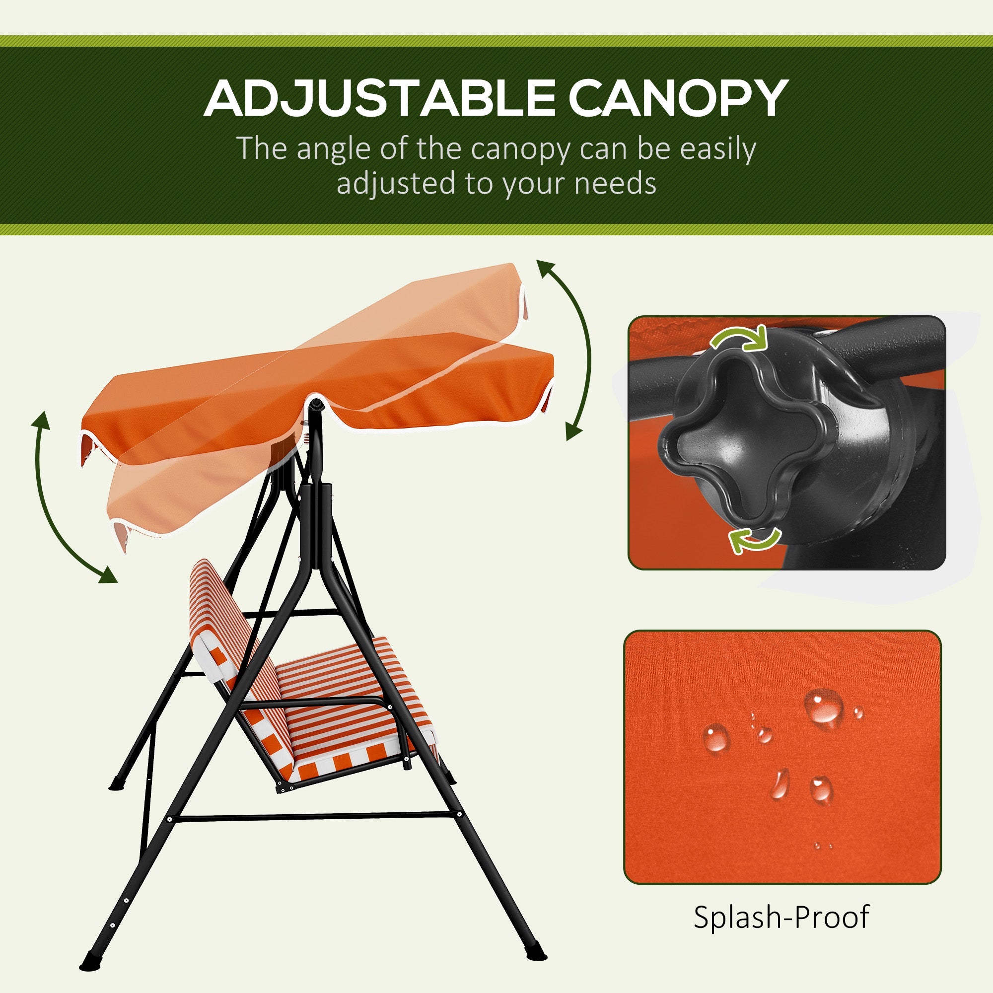 Outsunny 3-Seater Outdoor Porch Swing with Adjustable Canopy Patio Swing Chair for Garden Poolside Backyard Orange