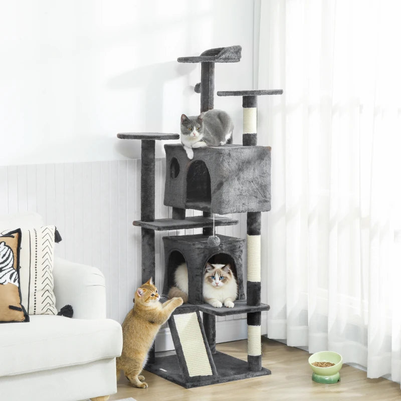 63" Cat Tree, Multi-Level Cat Tower with Scratching Posts, Cat Condos, Bed, Platforms, Ramp, Toy Ball, Dark Grey