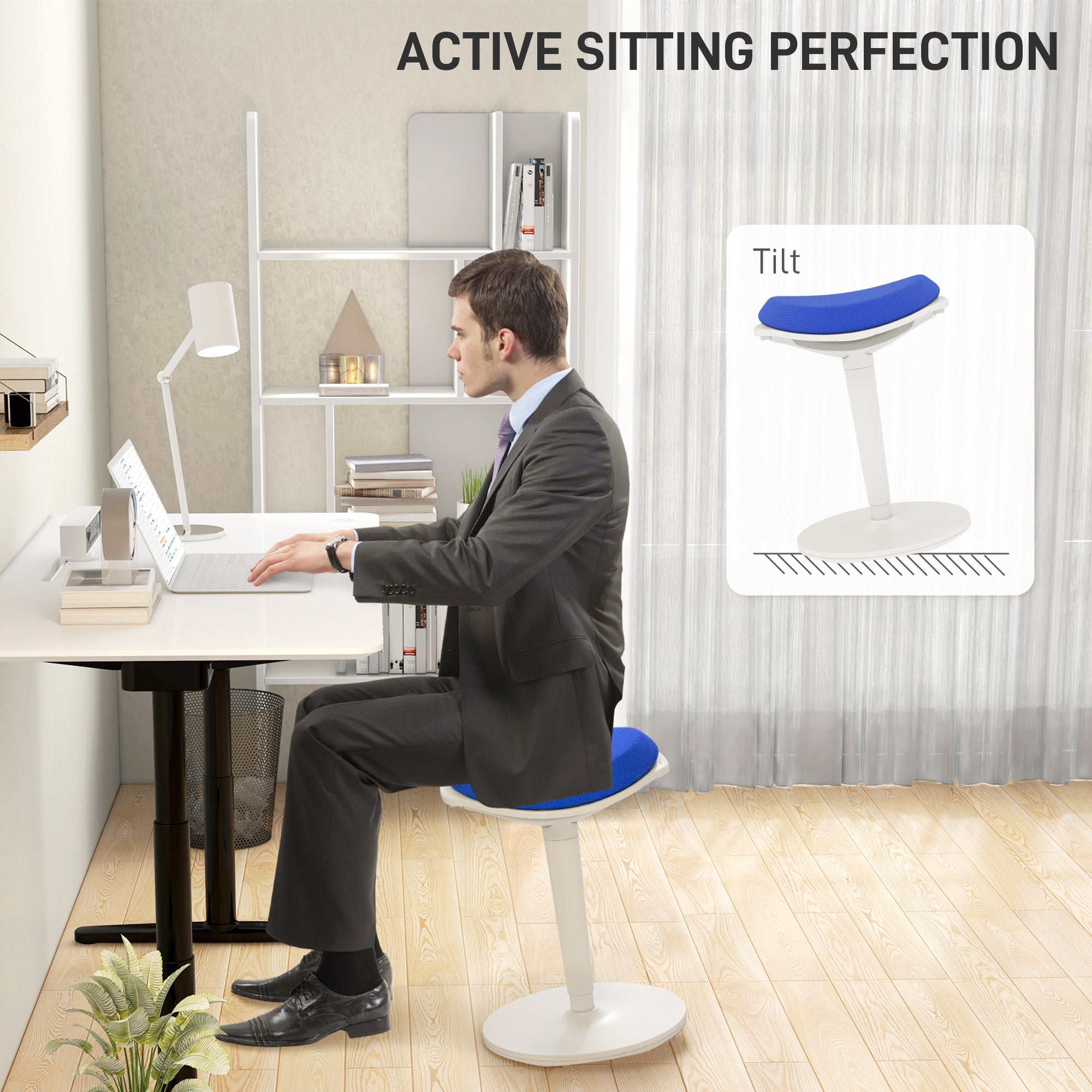 HOMCOM Ergonomic Standing Desk Stool - Blue Wobble Chair with Adjustable Height and Rocking Motion for Office Desks