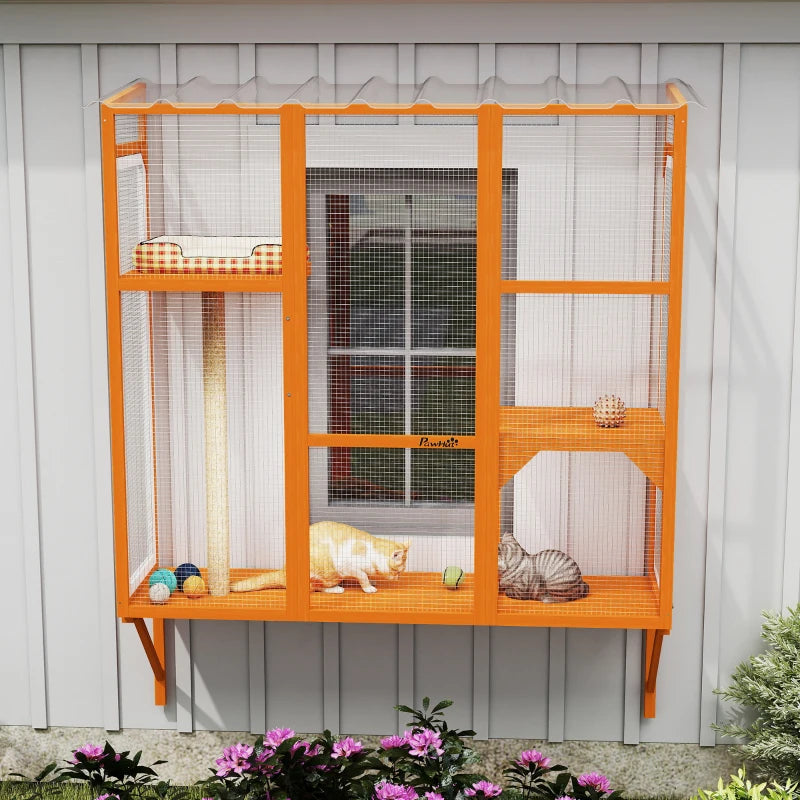 Wooden Catio Outdoor, Cat Window Box Enclosure for 2-3 Large Cats with 2 Jumping Platforms & Scratching Post, Orange
