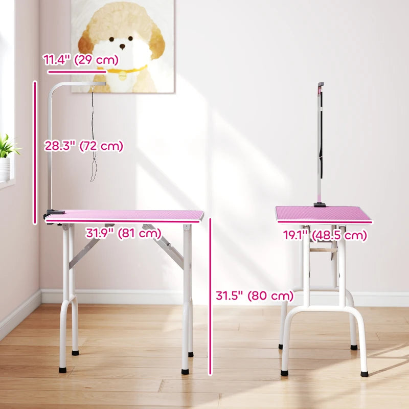 Foldable Pet Grooming Table for Dogs Cats with Adjustable Arm, Non-slip Surface, Pink