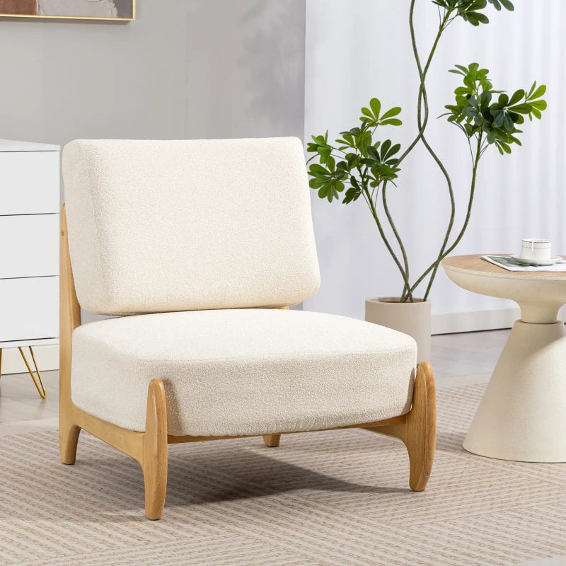 Accent Chair with Rubber Wood Frame, Wide Seat, Modern Chenille Bedroom Chair with Thick Cushion, Cream White