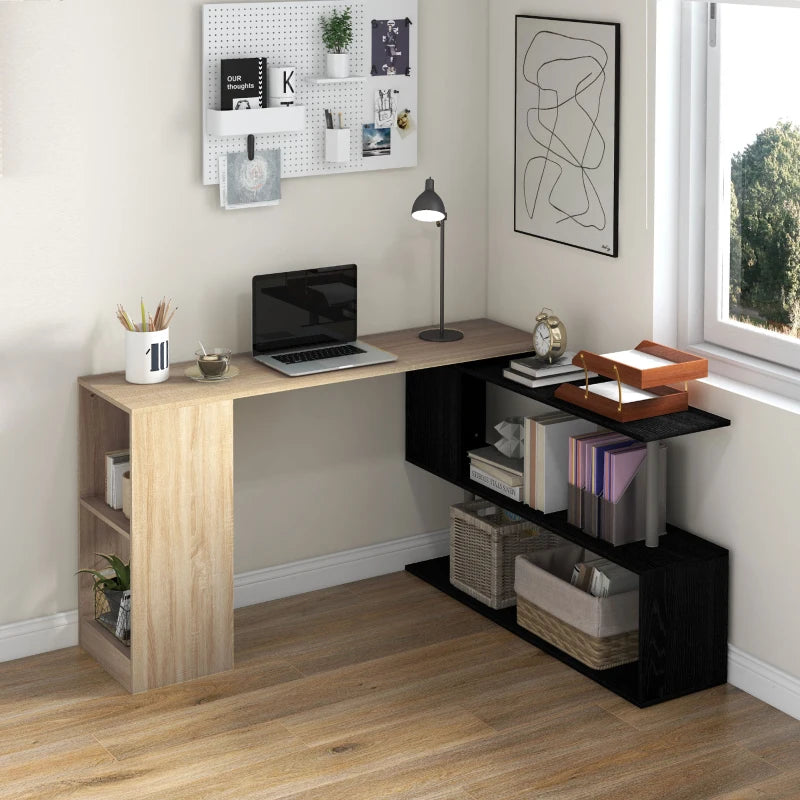 55" Corner Computer Desk, 360° Rotating L-Shaped Desk, Home Office Workstation with 3-Tier Shelves, Bookshelf