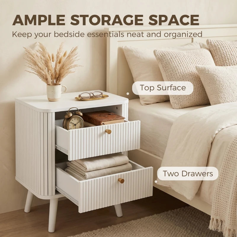 Modern Nightstand Set of 2 with 2 Drawers, White Wood Grain Bedside Tables with Gold Handles