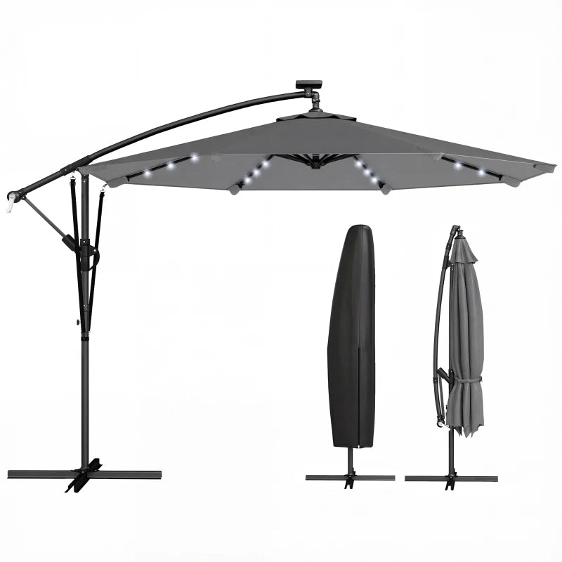 9.7ft Solar LED Cantilever Patio Umbrella with 32 LED Lights, Cross Base, Crank Handle, for Poolside, Deck, Dark Grey