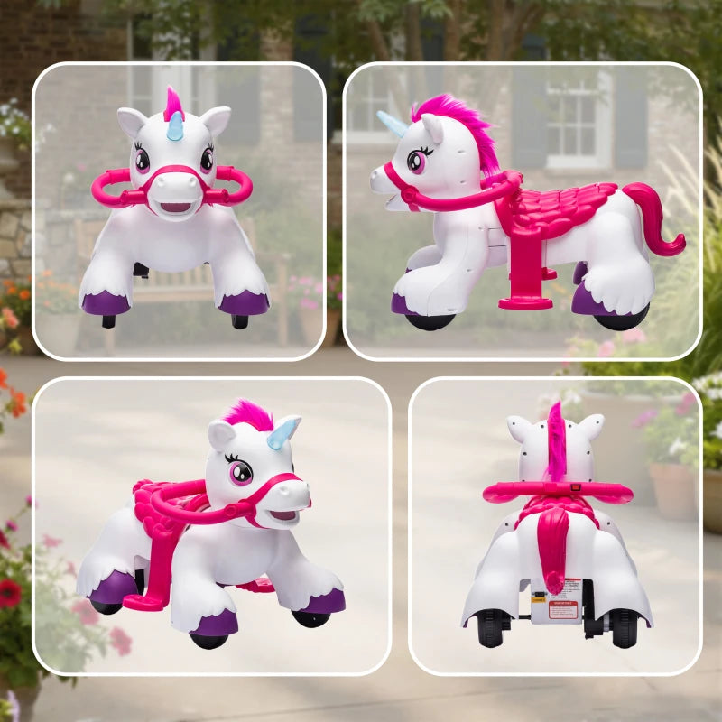 Qaba 12V Unicorn Ride on Toy, Battery Powered Kids Electric Ride on Horse with Carrot Toy, Comb, Animal Sounds, for Age 18-36 months