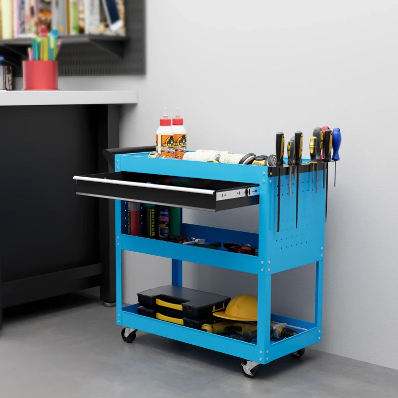 Tool Cart on Wheels, Utility Cart with Wheels, Ball Bearing Drawer, Storage Trays for Garage, Warehouse, Workshop, Blue