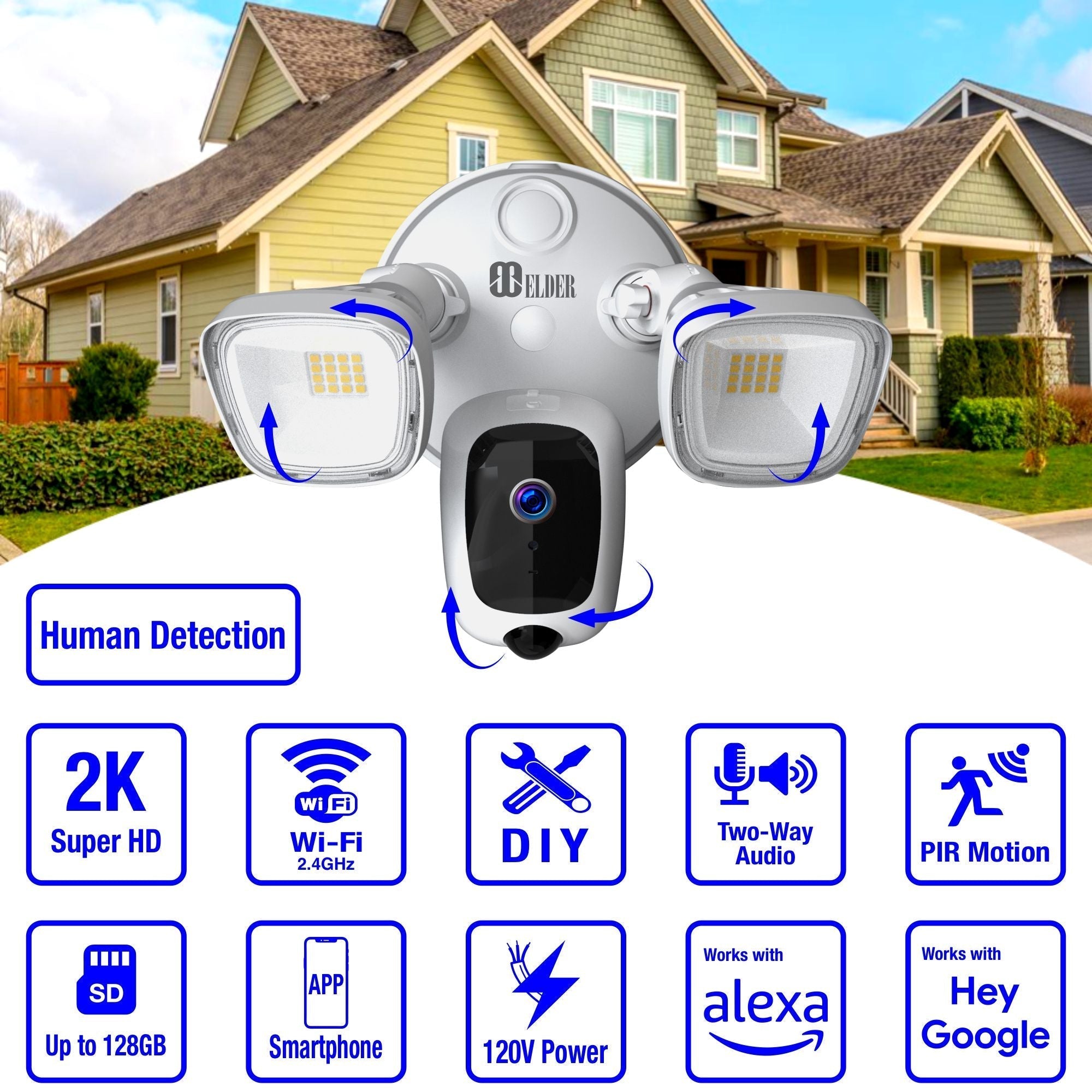 Elder Floodlight Security Camera 2K+ Outdoor WiFi 64GB, DIY Smart Home Semi Wireless, Human Motion PIR Spotlight Siren & Two-Way Talk, Works with Hey Google & Alexa