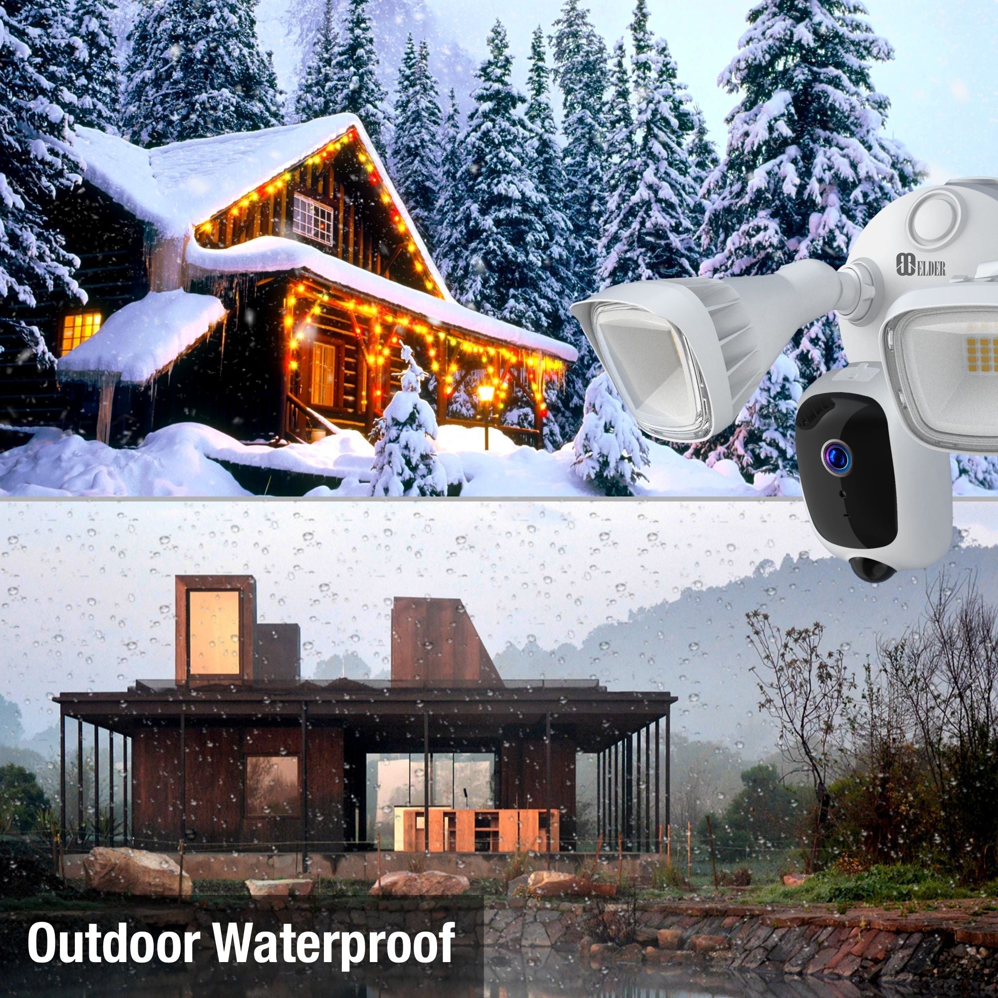 Elder Floodlight Security Camera 2K+ Outdoor WiFi 64GB, DIY Smart Home Semi Wireless, Human Motion PIR Spotlight Siren & Two-Way Talk, Works with Hey Google & Alexa