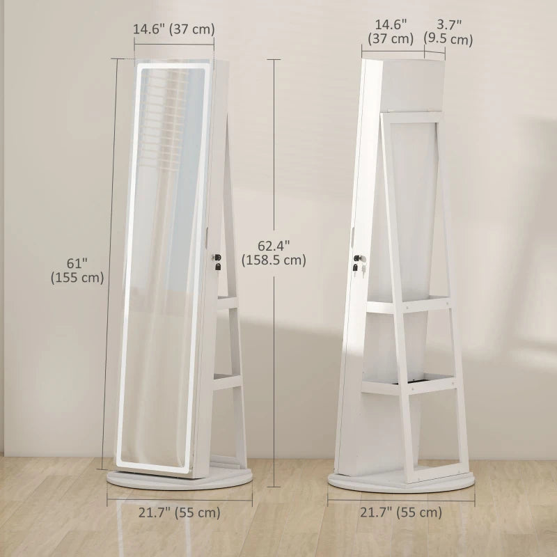 Jewelry Cabinet with Full Length Lockable Mirror, Standing Jewelry Armoire Organizer with LEDs, White