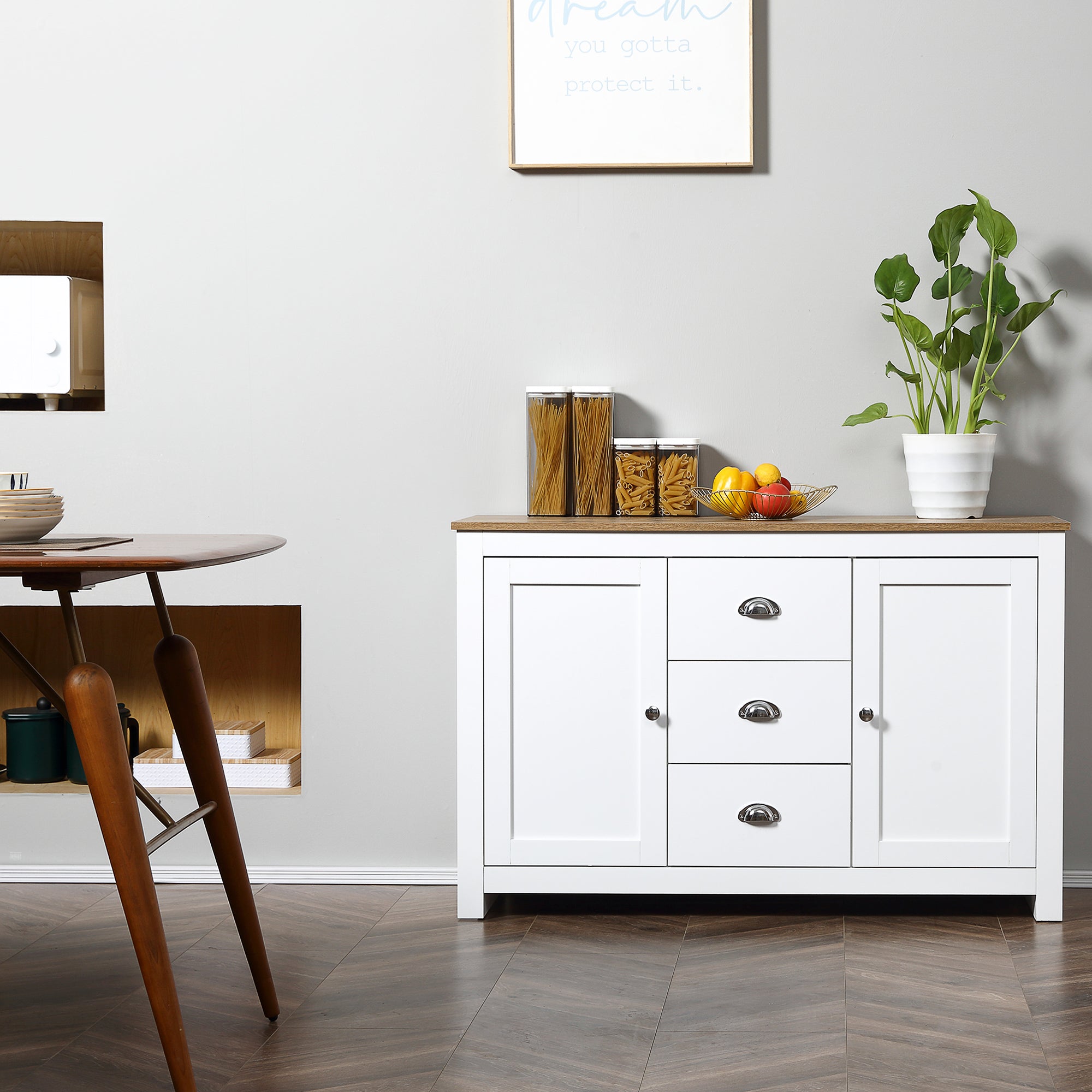 HOMCOM Modern White Buffet Cabinet: Sideboard Bar Cabinet with 3 Drawers and Adjustable Shelves for Kitchen