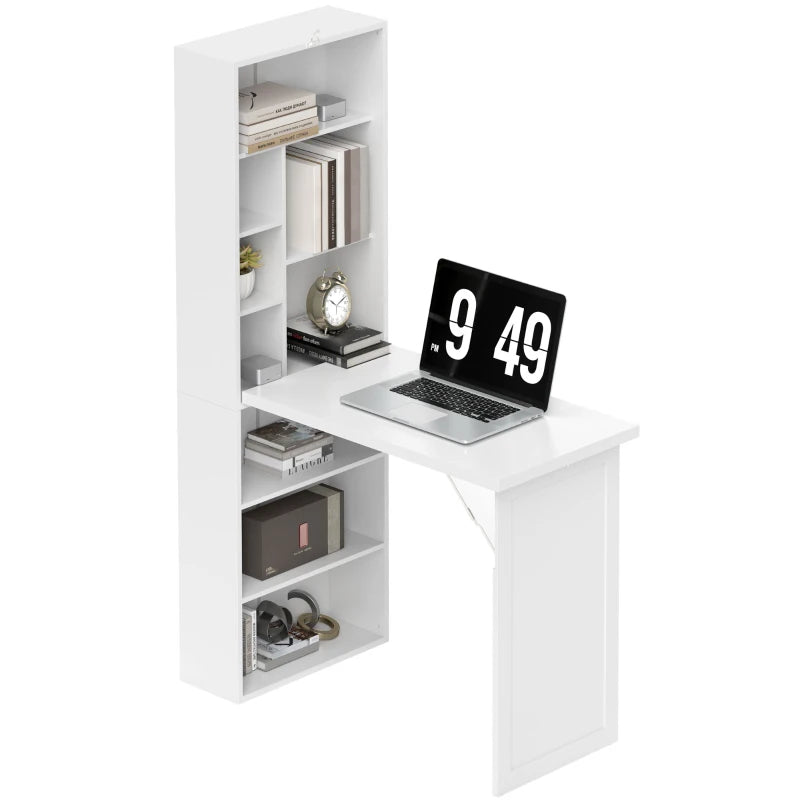 Fold-out Convertible Office Desk, Wall Mount Computer Desk with Whiteboard and Side Shelf, White