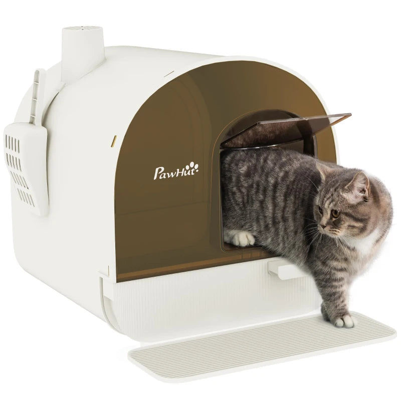 Cat Litter Box with Lid, Removable Tray, Scoop, Filter, White