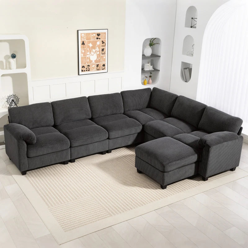 Modular Sectional Sofa, Oversized U-Shaped Couch with Spring Cushion, Corduroy Sofa for Living Room, Charcoal Grey