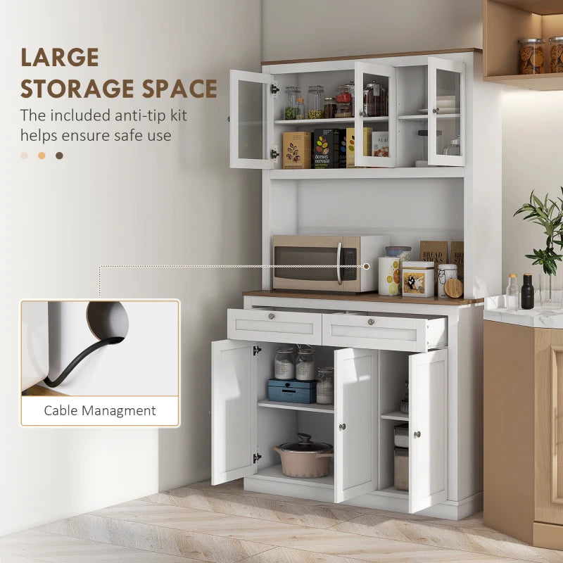 71" Kitchen Pantry Cabinet Small Glass-Door Dining Cabinet with Drawers Adjustable Shelves Microwave Space White