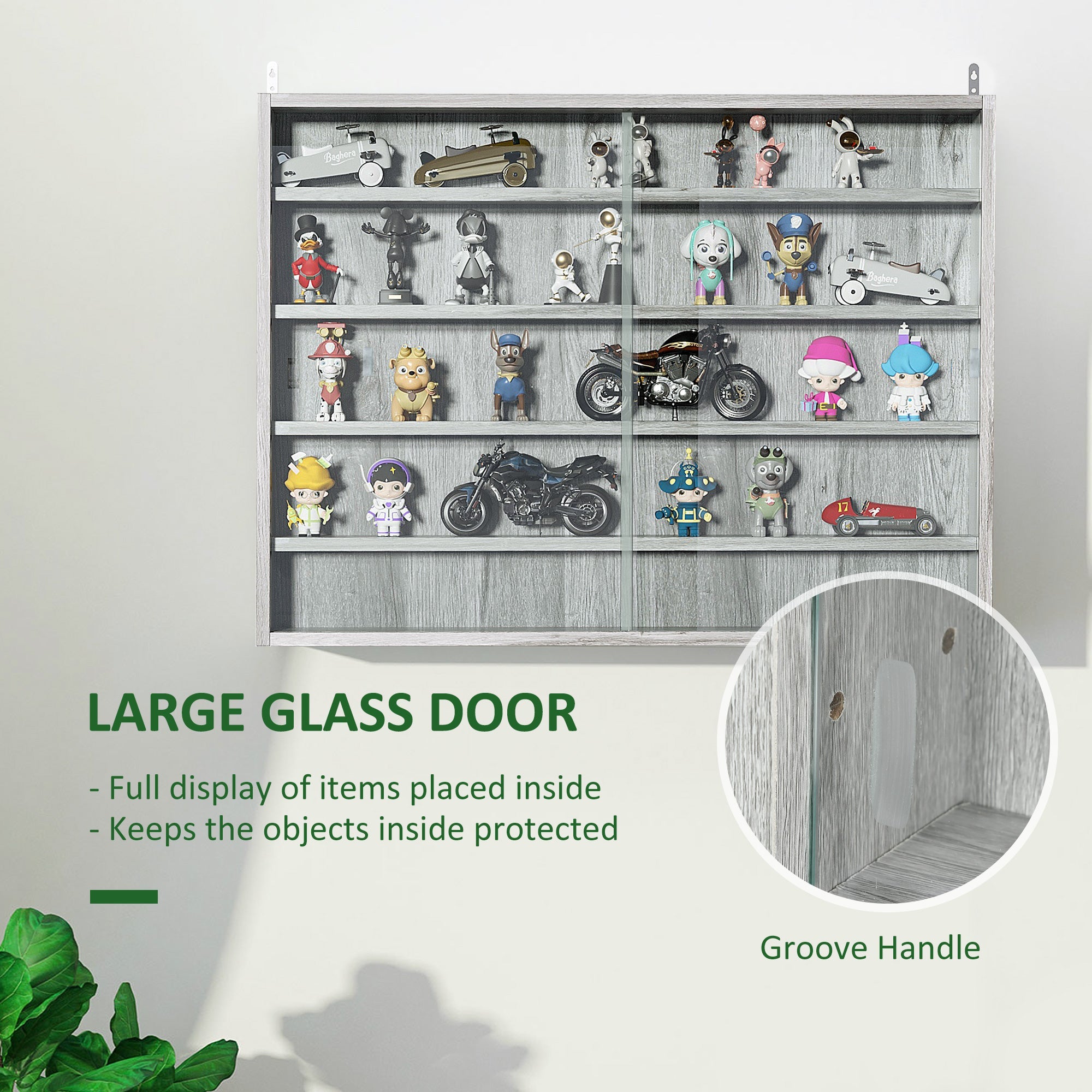 HOMCOM Contemporary Elegance: 5-Tier Wall Curio Cabinet with 2 Glass Doors, 4 Shelves for Shot Glass Display, Grey Finish