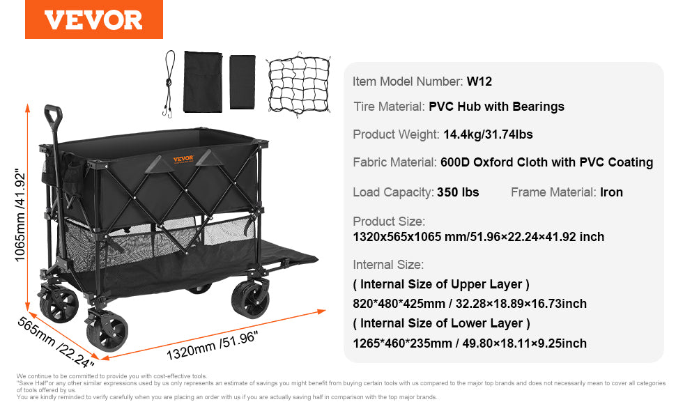 Foldable Double Decker Wagon, 400L Collapsible Wagon Cart with All-Terrain Wheels, Heavy Duty Folding Wagon Cart 350 lbs Weight Capacity for Camping, Shopping, Garden, 52" Extra Long Extender