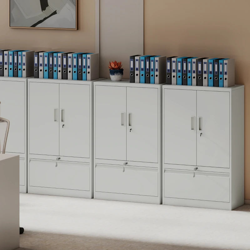 Lateral Filing Cabinet, Metal Storage Cabinet, Garage Cabinet with Double Locks, Adjustable Shelf and File Drawer, White