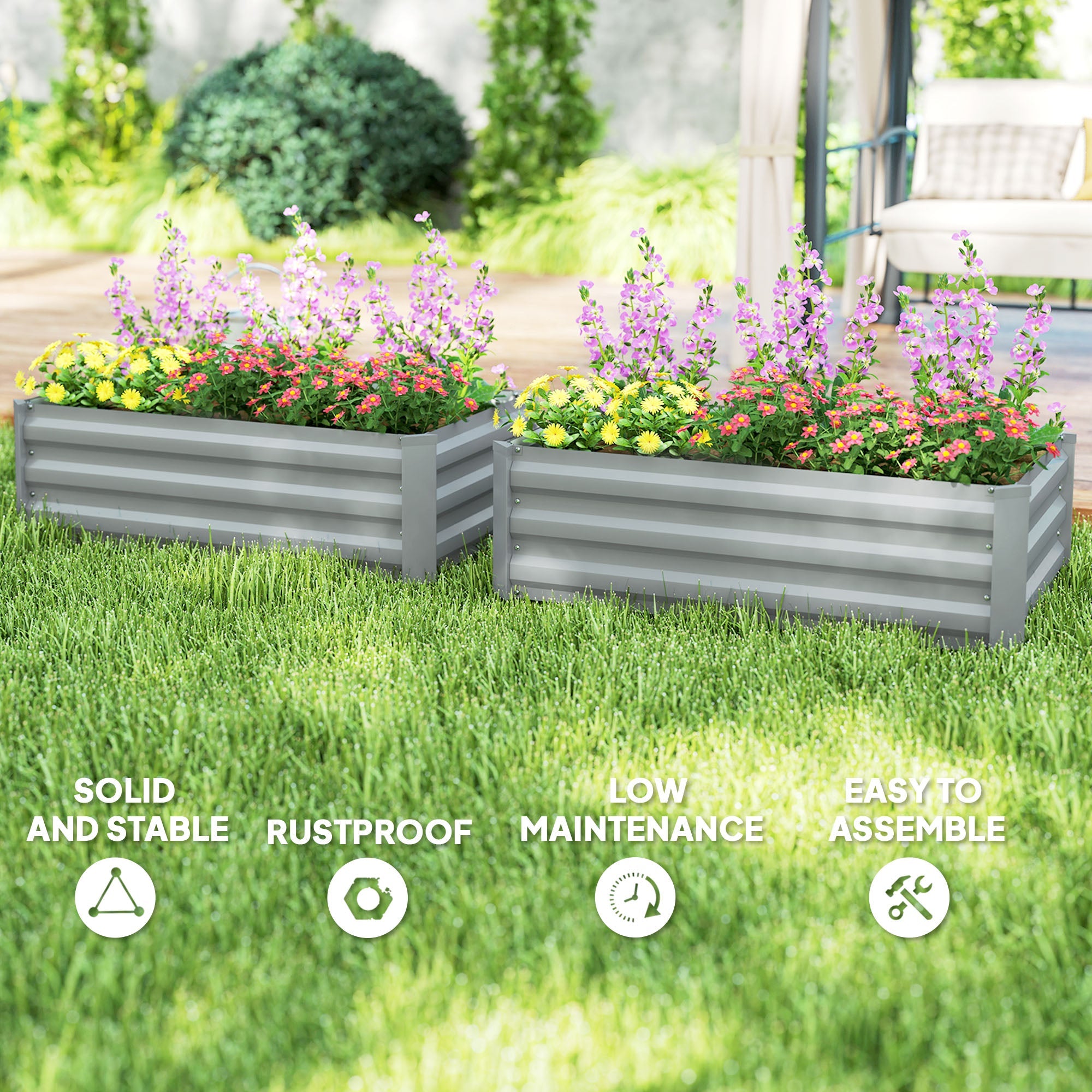 Outsunny Set of 2 Galvanized Raised Beds for Garden, Outdoor Planter Box for Flowers, Herbs and Vegetables, Light Grey