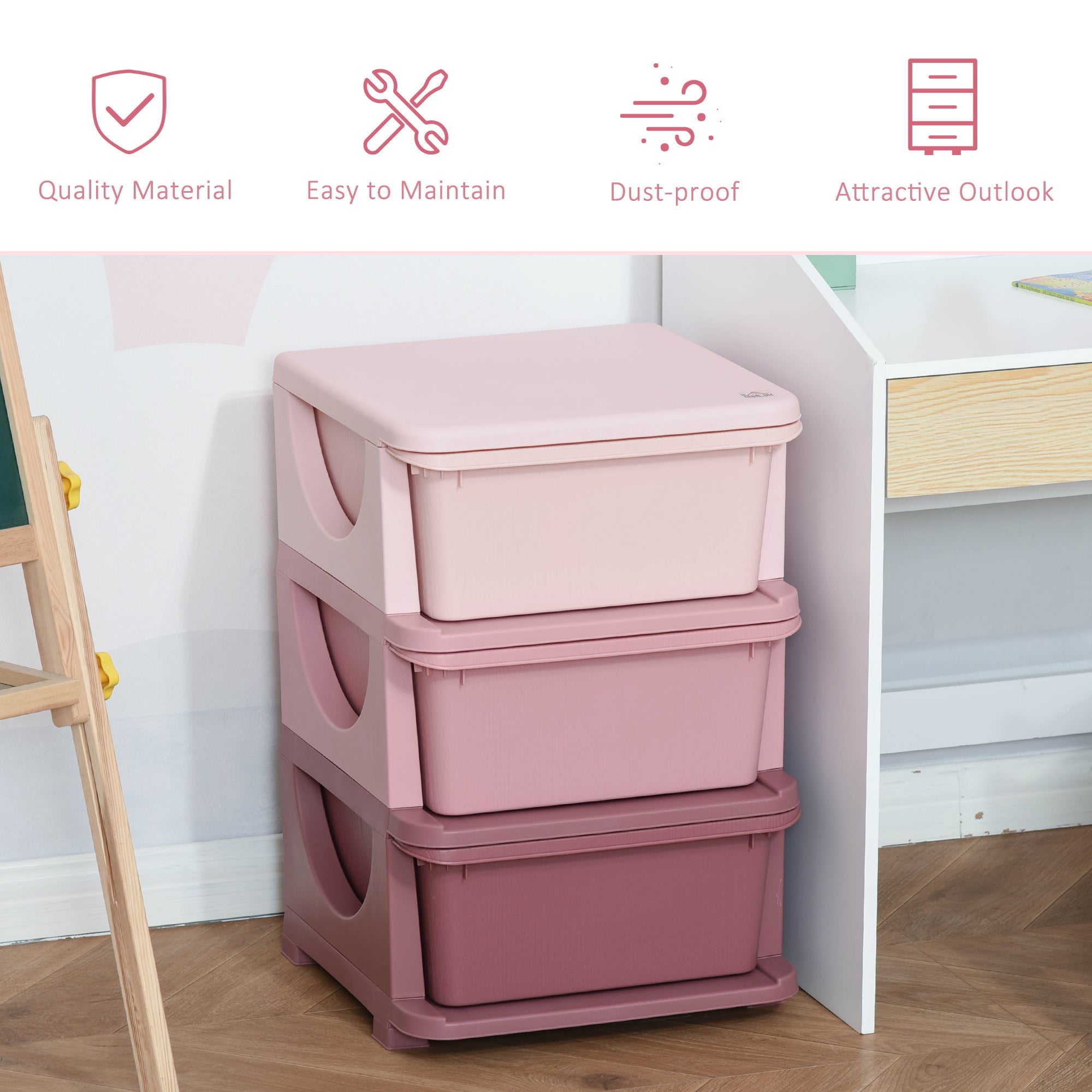 Qaba 3 Tier Kids Toy Organizer and Storage Bins with 3 Plastic Drawers, Pink
