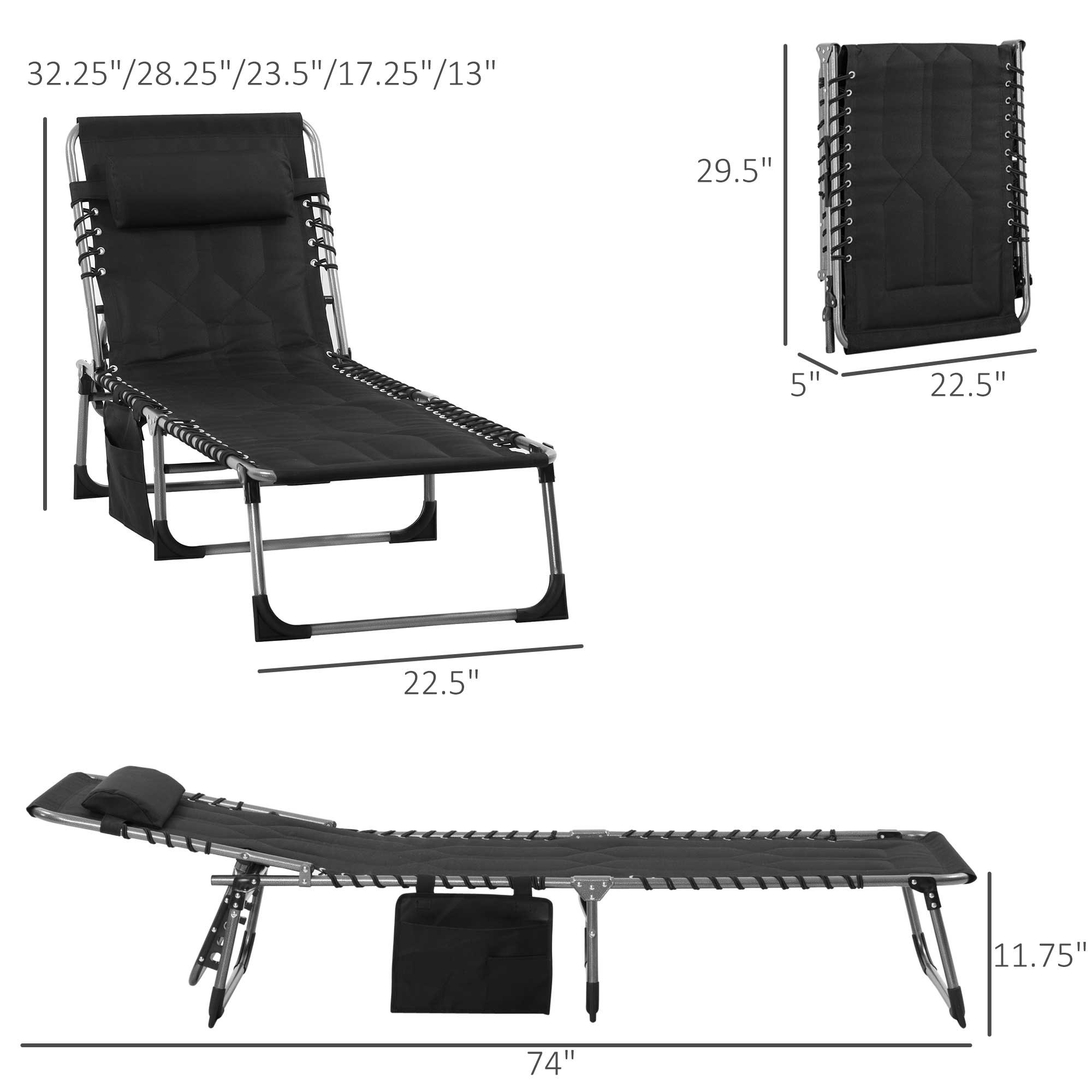 Outsunny Patio Folding Chaise Lounge Chair Outdoor Padded Tanning Recliner 5-Position Adjustable Black