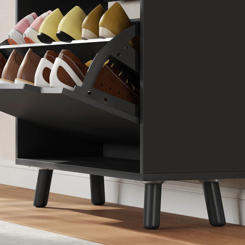 Narrow Shoe Cabinet for Entryway with 2 Flip Drawers, Top Drawer and Adjustable Shelves for 12 Pairs of Shoes, Black
