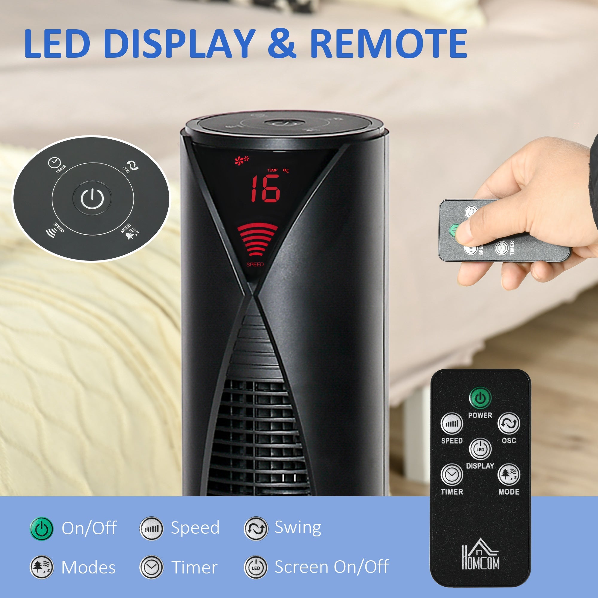 HOMCOM Tower Fan Oscillating 3 Speed 12h Timer LED Remote Control Cooling for Bedroom Home Black