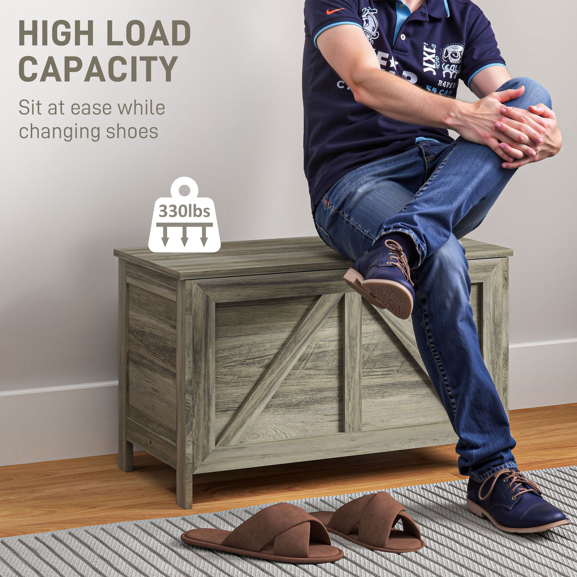 HOMCOM Storage Trunk Box Organizer with Farmhouse Panel, Safety Hinge to Open Up 100°, Grey Wood Grain