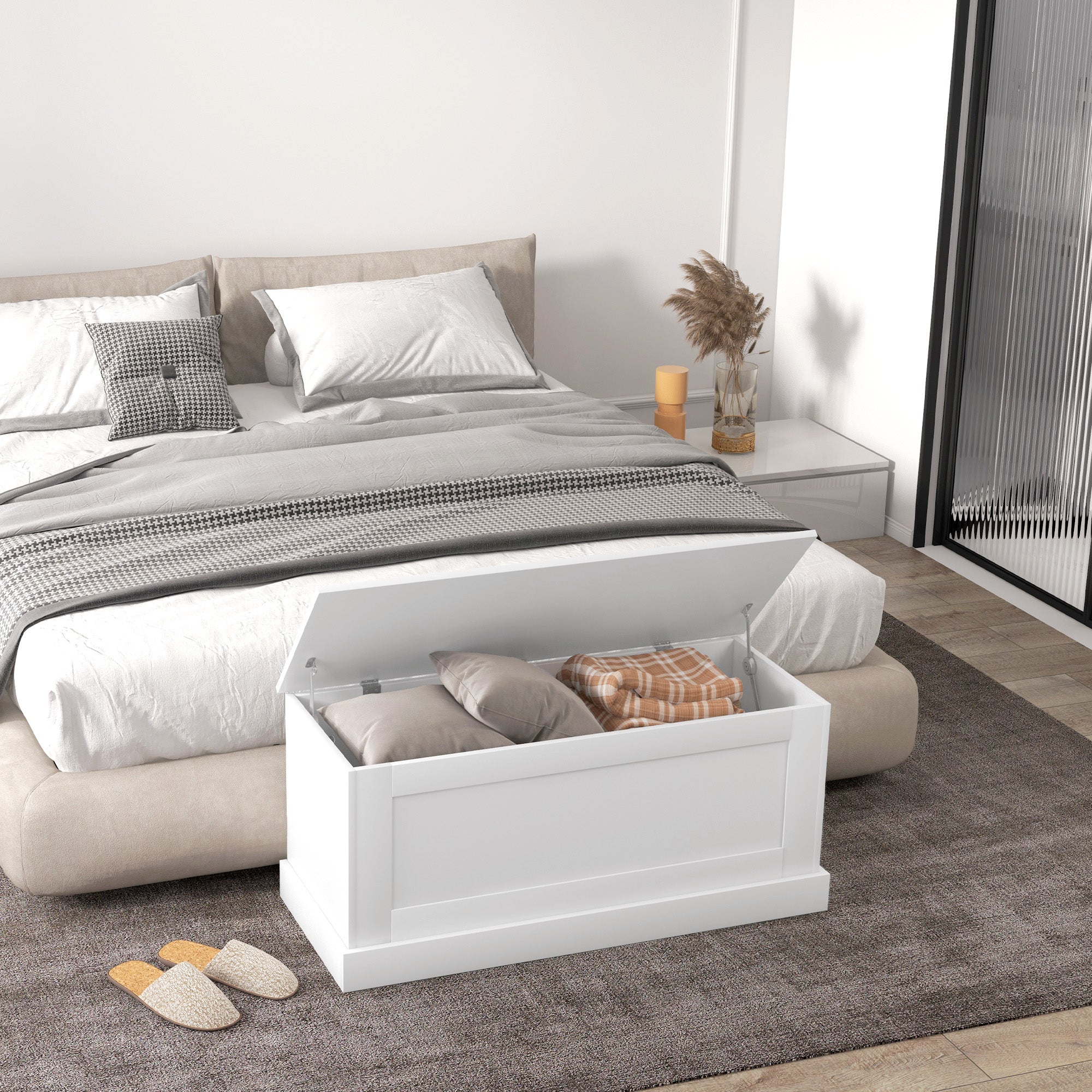 HOMCOM 39.4 Inches Storage Chest, Storage Trunk with Safety Hinge, Wooden Toy Box for Living Room, White Wood Grain