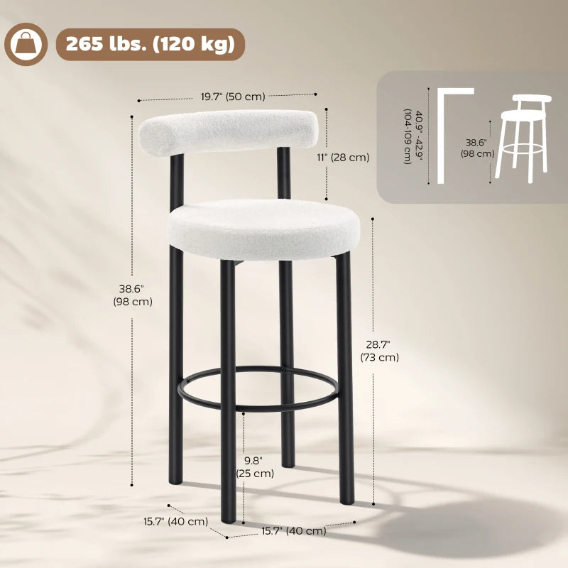 Bar Stools Set of 2, Sherpa Upholstered Barstools with Backrest, Bar Height Stools with Footrest for Kitchen Island