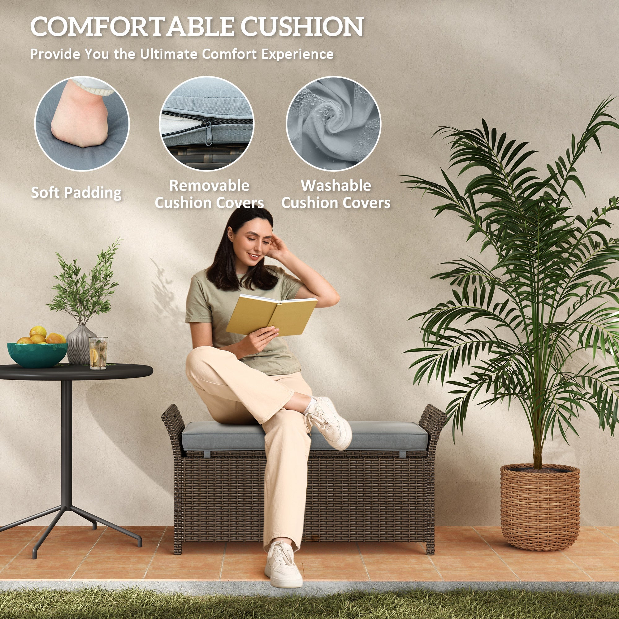 Outsunny 2-In-1 Rattan Storage Bench 27 Gallon Outdoor Wicker Furniture Box w/ Handles Cushion Dark Grey
